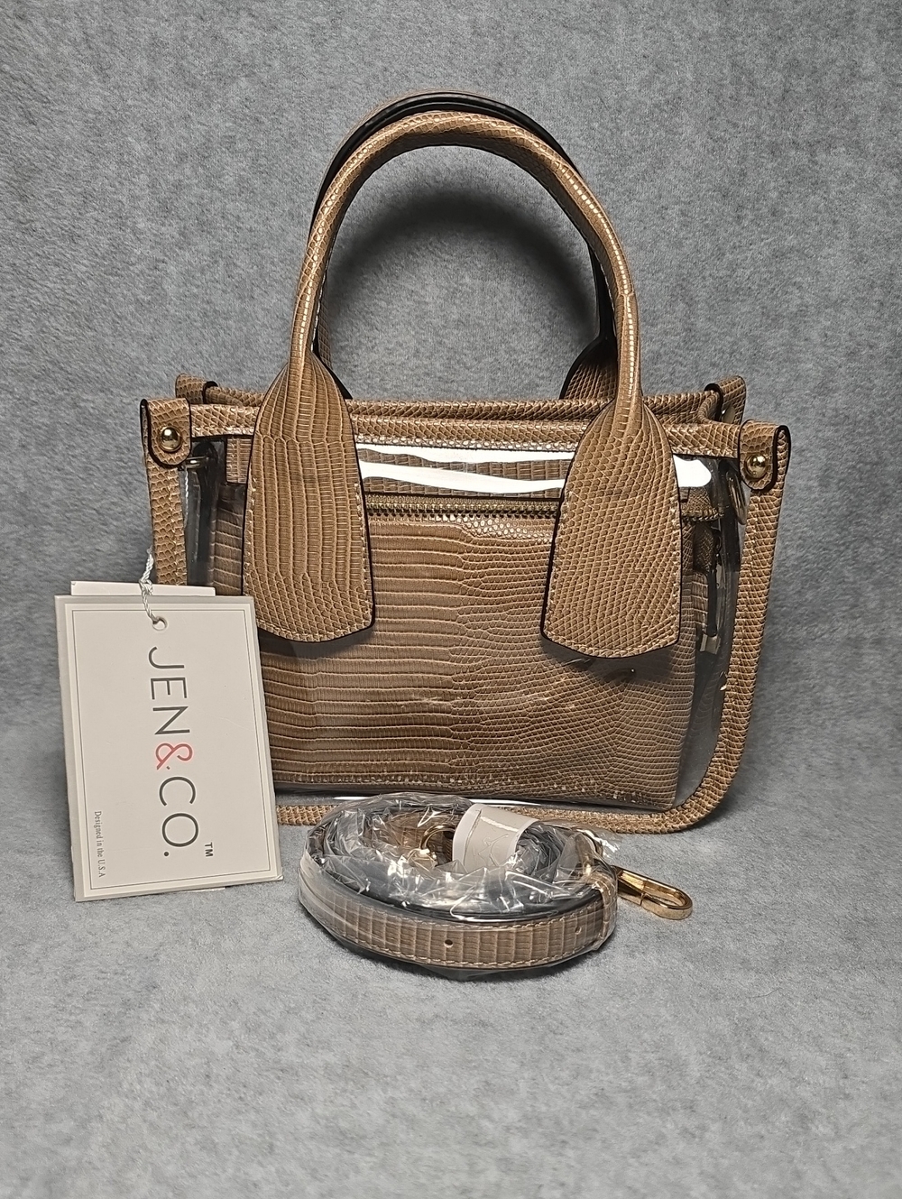 JEN & CO. Stacey Bag In a Bag Taupe Vegan Lizzard Embossed Mini Satchel